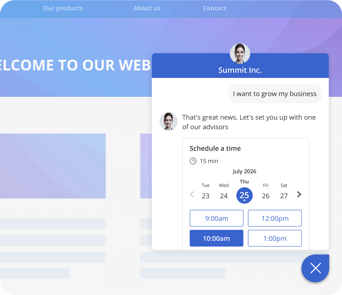 AI scheduling chatbot embedded in a website interface