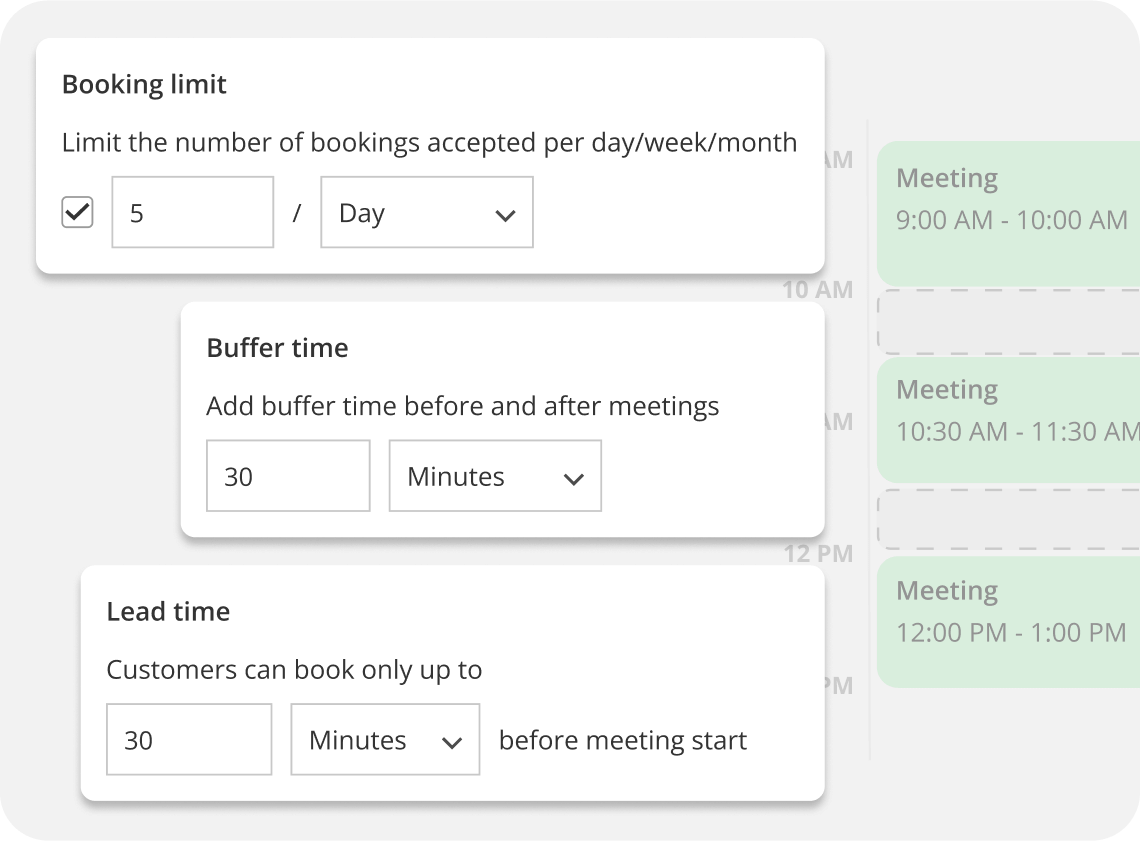 Settings interface for managing booking limits and adding meeting buffers