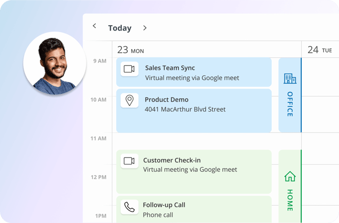 Illustration of a meeting scheduling interface displaying multi-location options